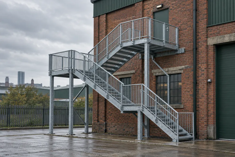 External galvanised staircase and landing illustrating commercial access steelwork in Manchester