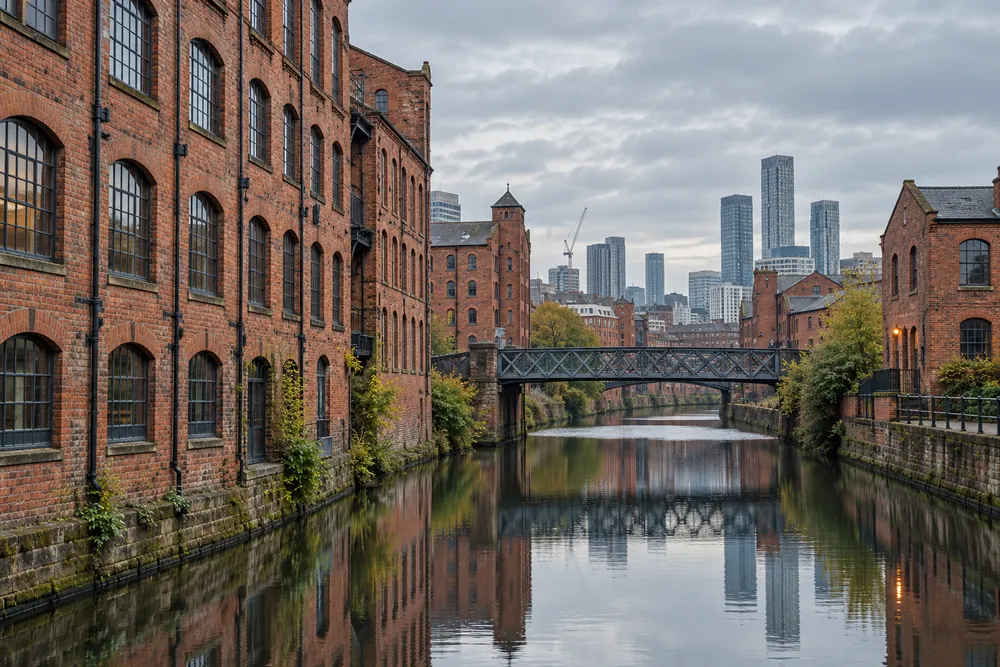 Brick industrial buildings and a metal canal bridge reflecting Manchester’s working landscape