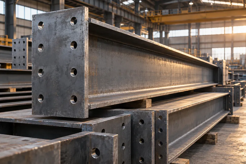 Drilled connection plates on steel beams prepared for a Manchester structural steel project