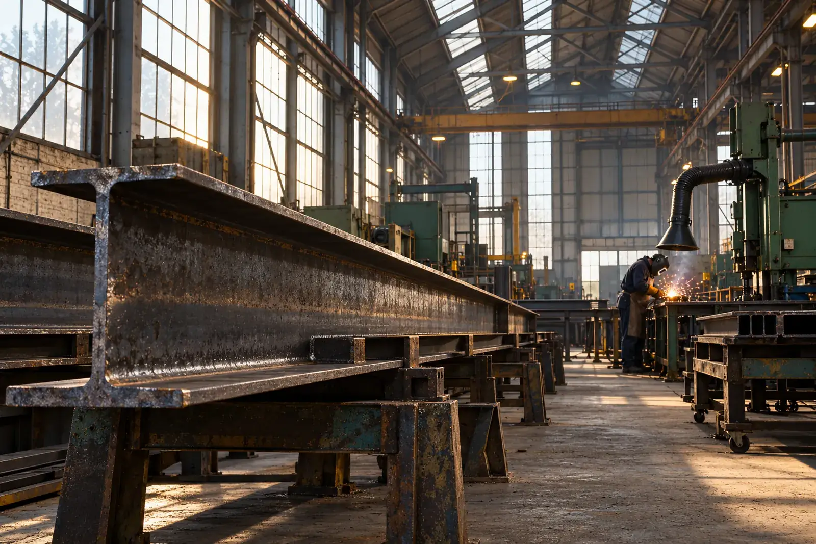 Steel sections resting on trestles in a bright workshop for Manchester commercial fabrication